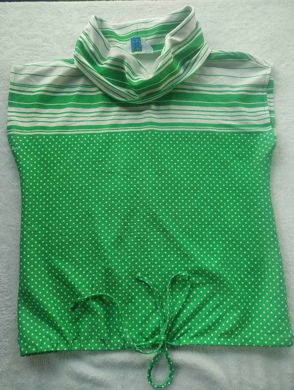 Sears 1960' s Green Striped & Polka Dot Turtleneck One-Piece Blouse